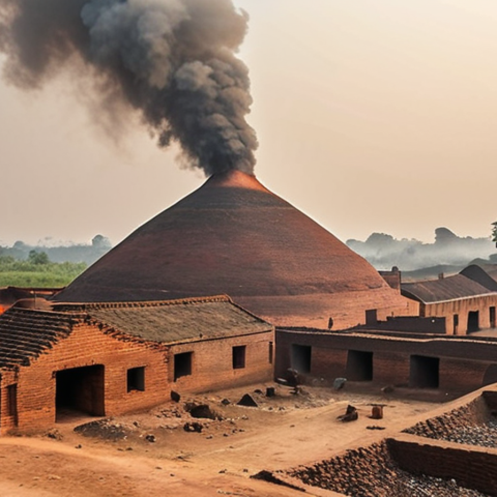 **Smog-filled brickyard in rural Bengal:** Depict a hazy, polluted scene of brick kilns billowing smoke into the air in a village. Focus on the environmental impact and the contrast with the rural setting. Include a concerned person (optional).