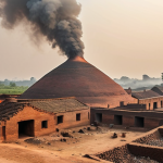 **Smog-filled brickyard in rural Bengal:** Depict a hazy, polluted scene of brick kilns billowing smoke into the air in a village. Focus on the environmental impact and the contrast with the rural setting. Include a concerned person (optional).