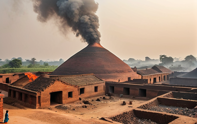 **Smog-filled brickyard in rural Bengal:** Depict a hazy, polluted scene of brick kilns billowing smoke into the air in a village. Focus on the environmental impact and the contrast with the rural setting. Include a concerned person (optional).