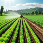 A lush green field with farmers applying organic fertilizer, showcasing drip irrigation and sprinkler systems. The sky is bright and sunny, symbolizing sustainable agriculture in action.