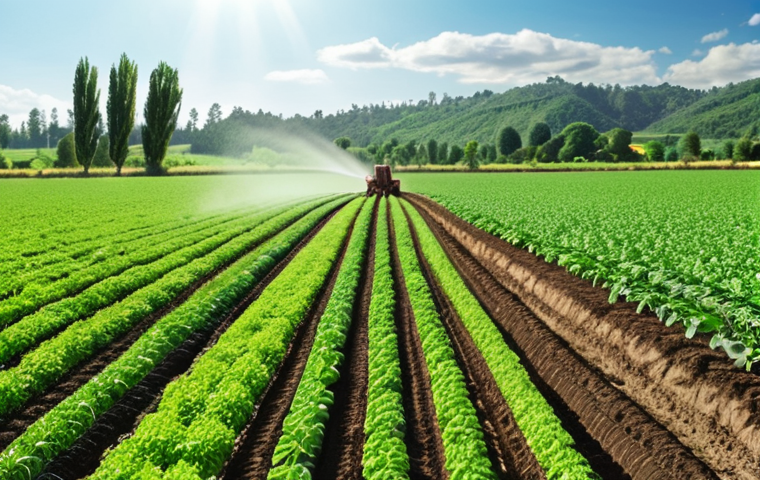 A lush green field with farmers applying organic fertilizer, showcasing drip irrigation and sprinkler systems. The sky is bright and sunny, symbolizing sustainable agriculture in action.