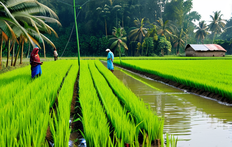 **

"A rural village scene in Bangladesh.  Farmers are using organic fertilizers on lush green rice paddies.  Some farmers are using drip irrigation systems.  In the background, a biogas plant is converting agricultural waste into energy.  The scene is bright and hopeful, showcasing sustainable agriculture.  Family-friendly, safe for work, appropriate content, fully clothed, professional, modest. Perfect anatomy, correct proportions, natural pose, well-formed hands, proper finger count, natural body proportions."

**
