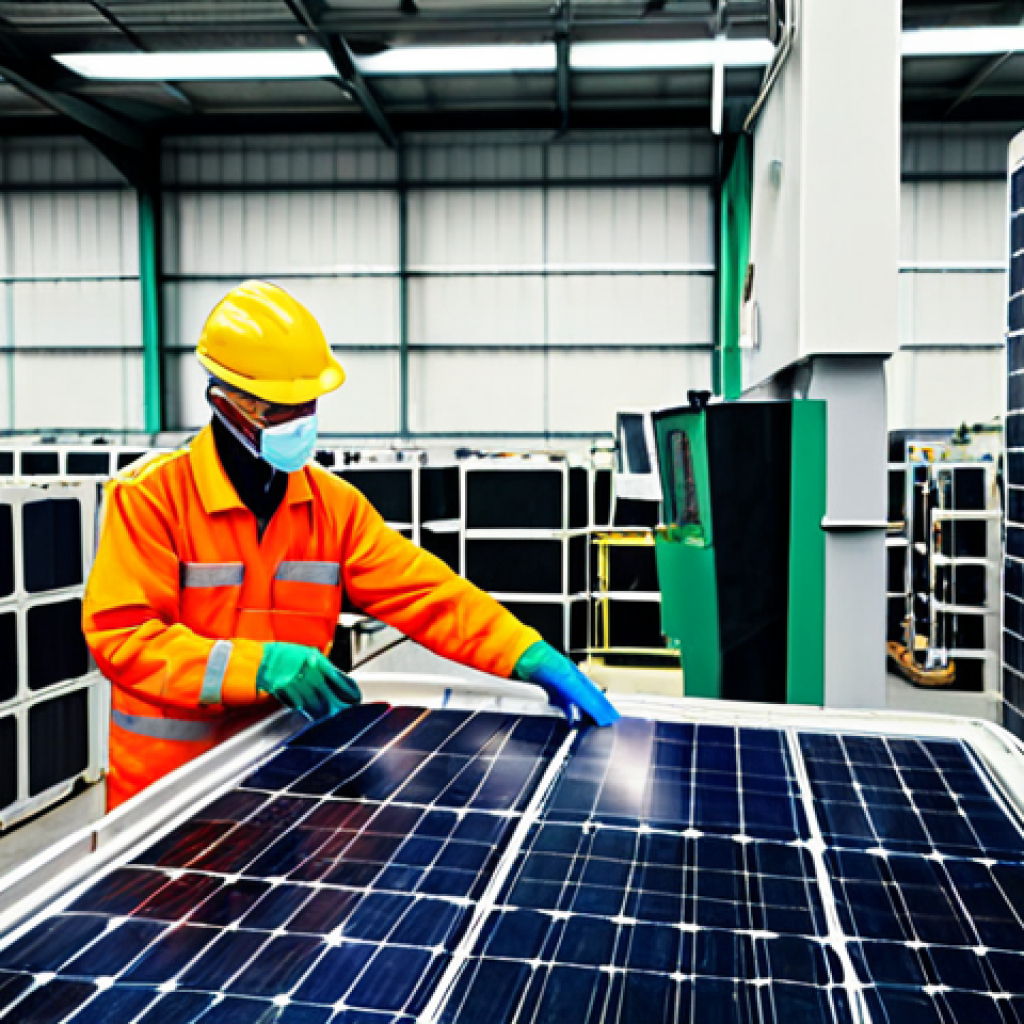 **

A factory adopting green technology, featuring solar panels and carbon capture technology. Workers in appropriate attire are managing waste recycling. The scene should emphasize environmental consciousness, showing a modern, fully clothed, professional industrial setting with perfect anatomy and natural proportions, ensuring it's safe for work and family-friendly.

**