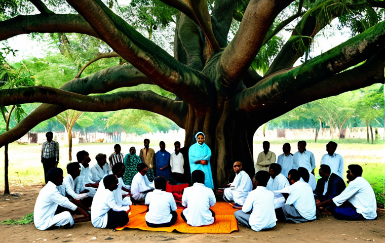 **

"A diverse group of community members, including men, women, and elders, fully clothed in modest, traditional Bengali attire, participating in a carbon budget planning meeting outdoors under a large banyan tree in a rural village setting, safe for work, appropriate content, professional, family-friendly, perfect anatomy, natural proportions, well-formed hands."

**