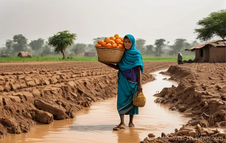 탄소예산과 경제적 지속 가능성의 상관관계 - **Prompt:** A vivid, realistic image depicting the dual impact of climate change on agricultural lan...