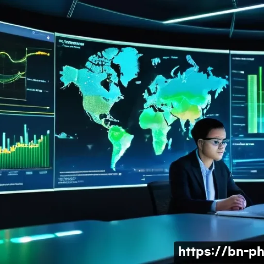 탄소예산 설계의 기술적 도전과제 - **Prompt:** A dynamic, wide-angle shot inside a futuristic data analysis center, bathed in cool blue...