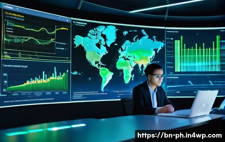 탄소예산 설계의 기술적 도전과제 - **Prompt:** A dynamic, wide-angle shot inside a futuristic data analysis center, bathed in cool blue...