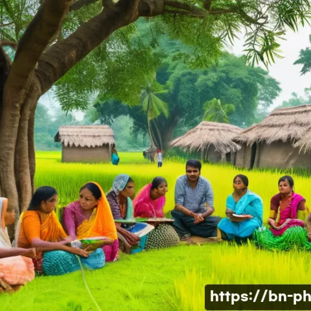 탄소예산을 통한 지역 사회의 참여 증진 - A vibrant rural Bengali village scene showing a diverse group of local villagers gathered outdoors f...