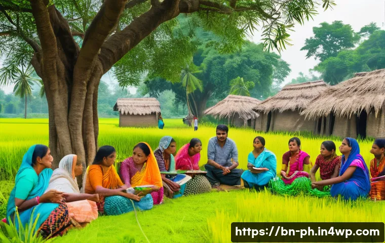 탄소예산을 통한 지역 사회의 참여 증진 - A vibrant rural Bengali village scene showing a diverse group of local villagers gathered outdoors f...