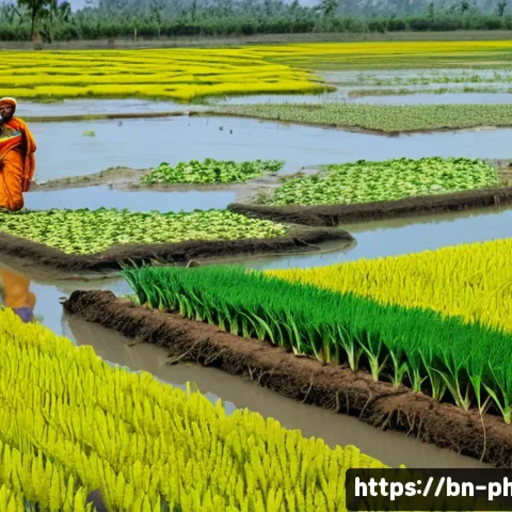 탄소예산과 기후 변화의 사회경제적 영향 - A vibrant rural Bengali agricultural landscape under threat from climate change, showing worried Ben...
