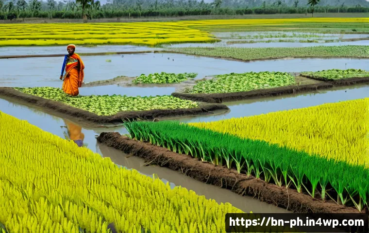 탄소예산과 기후 변화의 사회경제적 영향 - A vibrant rural Bengali agricultural landscape under threat from climate change, showing worried Ben...