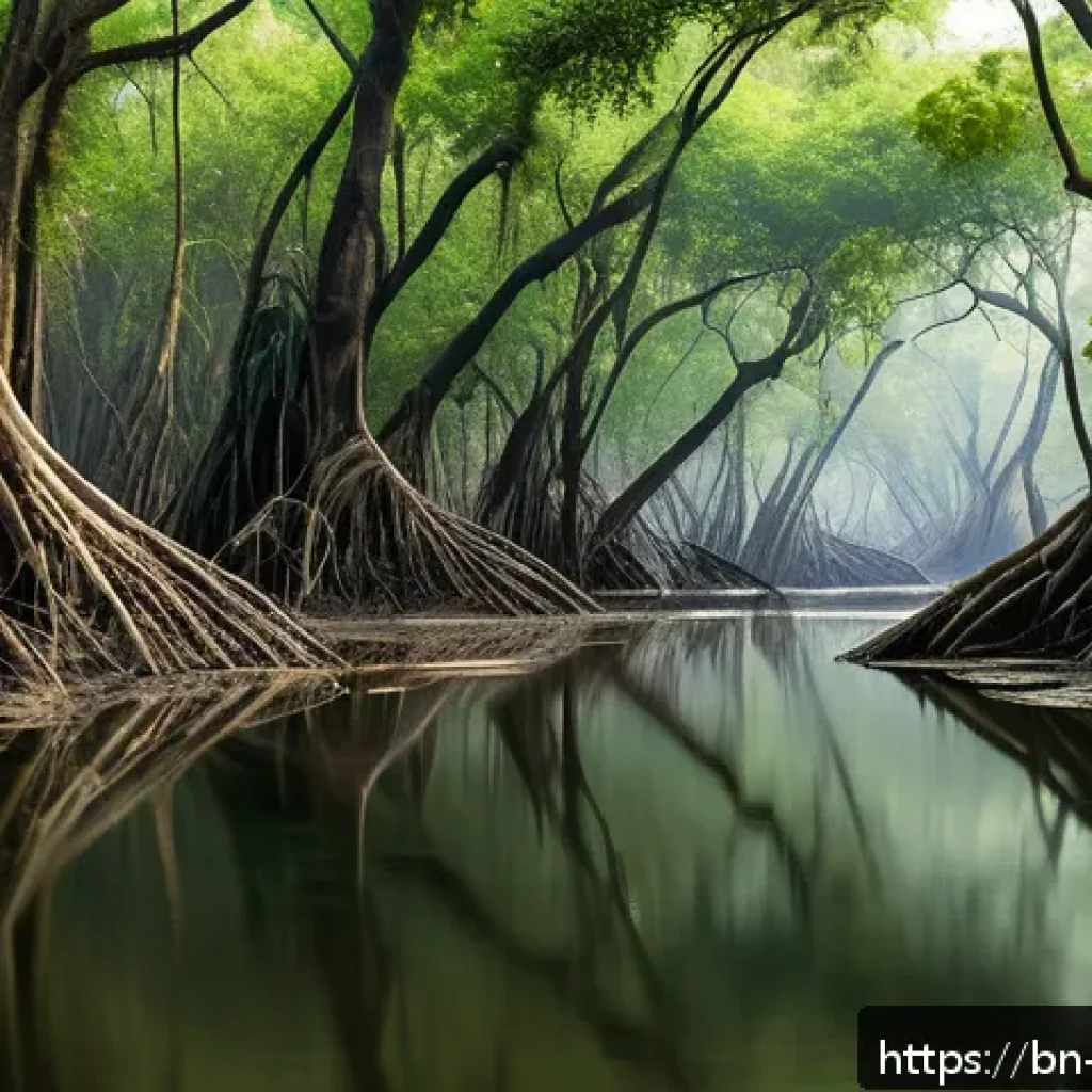 탄소예산 기반의 생태계 서비스 평가 - A vibrant and detailed tropical mangrove wetland scene in Bangladesh, showing dense mangrove trees w...