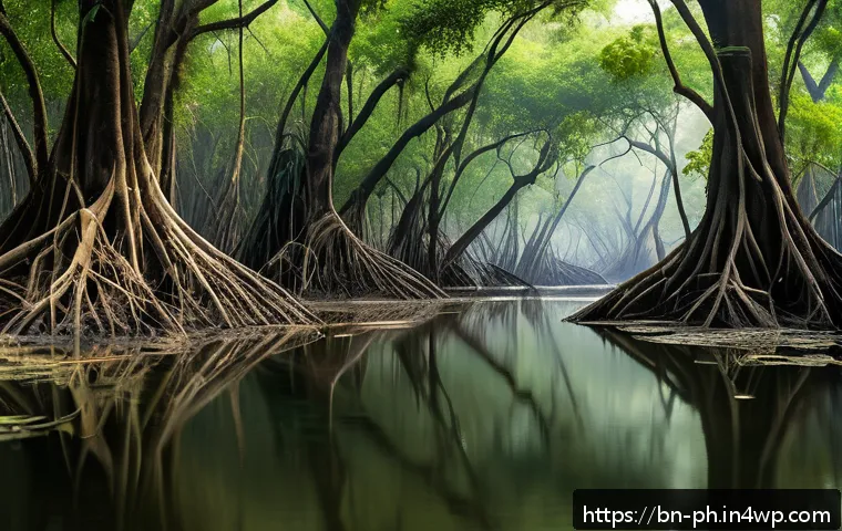 탄소예산 기반의 생태계 서비스 평가 - A vibrant and detailed tropical mangrove wetland scene in Bangladesh, showing dense mangrove trees w...