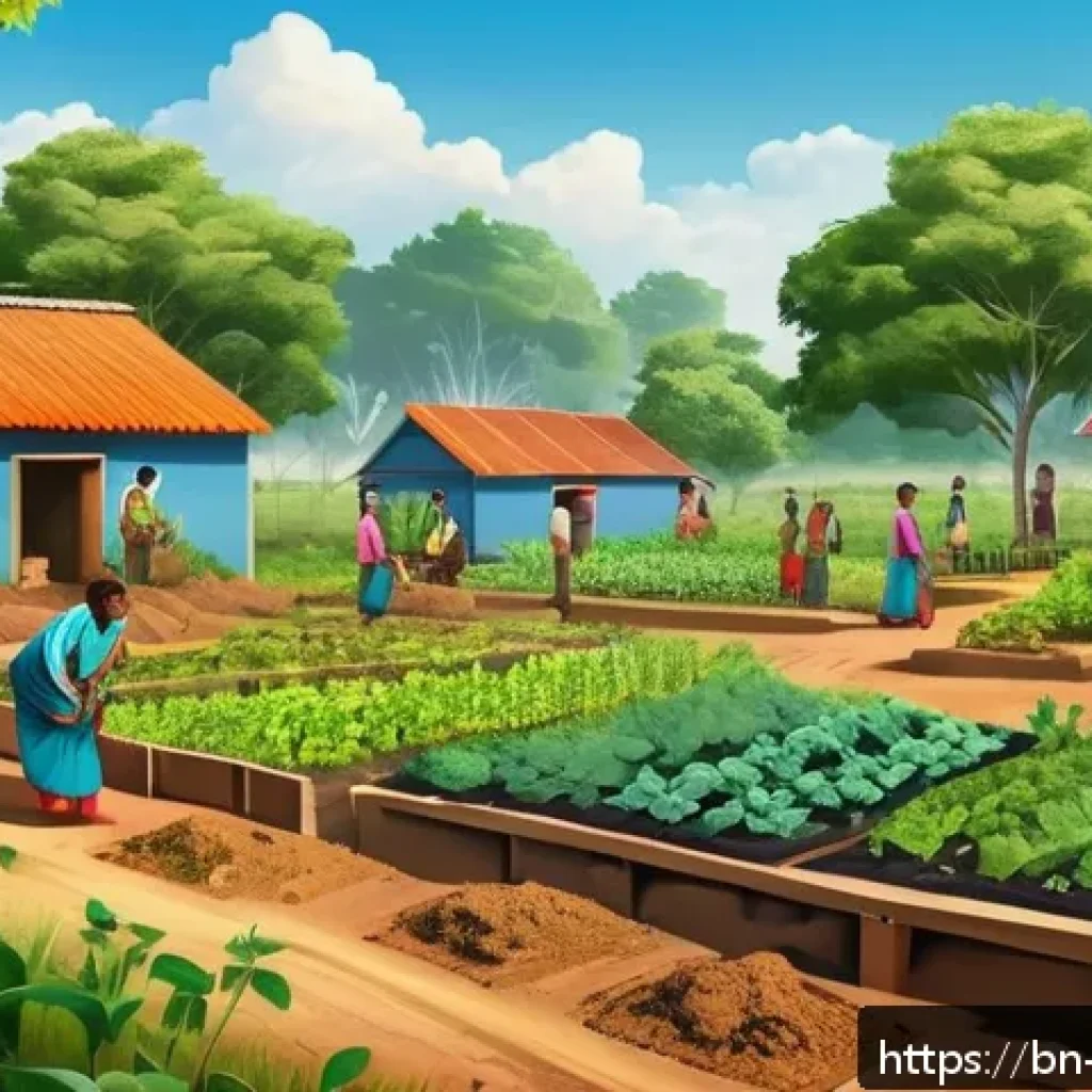 탄소예산 설계의 주요 이슈 및 과제 - A detailed illustration of a community garden project in a rural Bengali village, showing diverse vi...