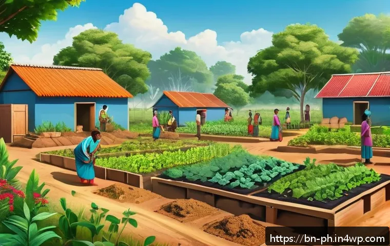 탄소예산 설계의 주요 이슈 및 과제 - A detailed illustration of a community garden project in a rural Bengali village, showing diverse vi...