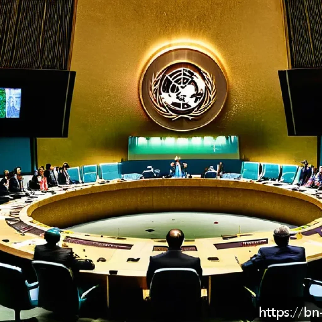 탄소예산 기반의 국제 협력 모델 개발 - A diverse group of international delegates in formal attire gathered around a large conference table...
