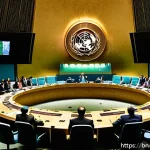 탄소예산 기반의 국제 협력 모델 개발 - A diverse group of international delegates in formal attire gathered around a large conference table...