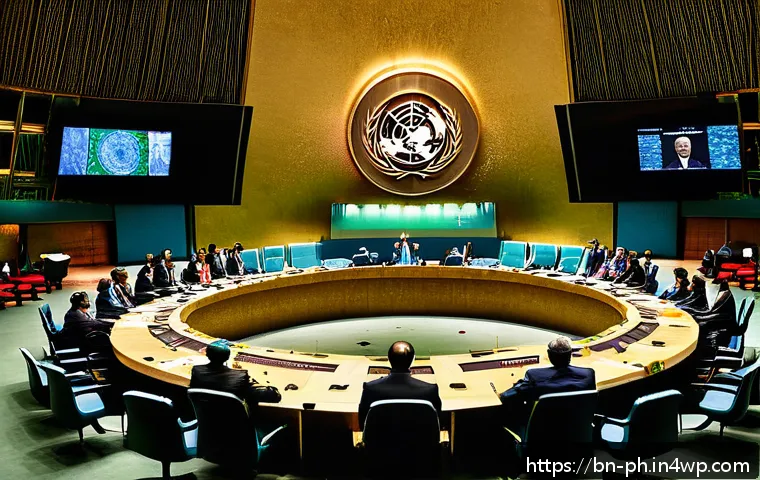 탄소예산 기반의 국제 협력 모델 개발 - A diverse group of international delegates in formal attire gathered around a large conference table...