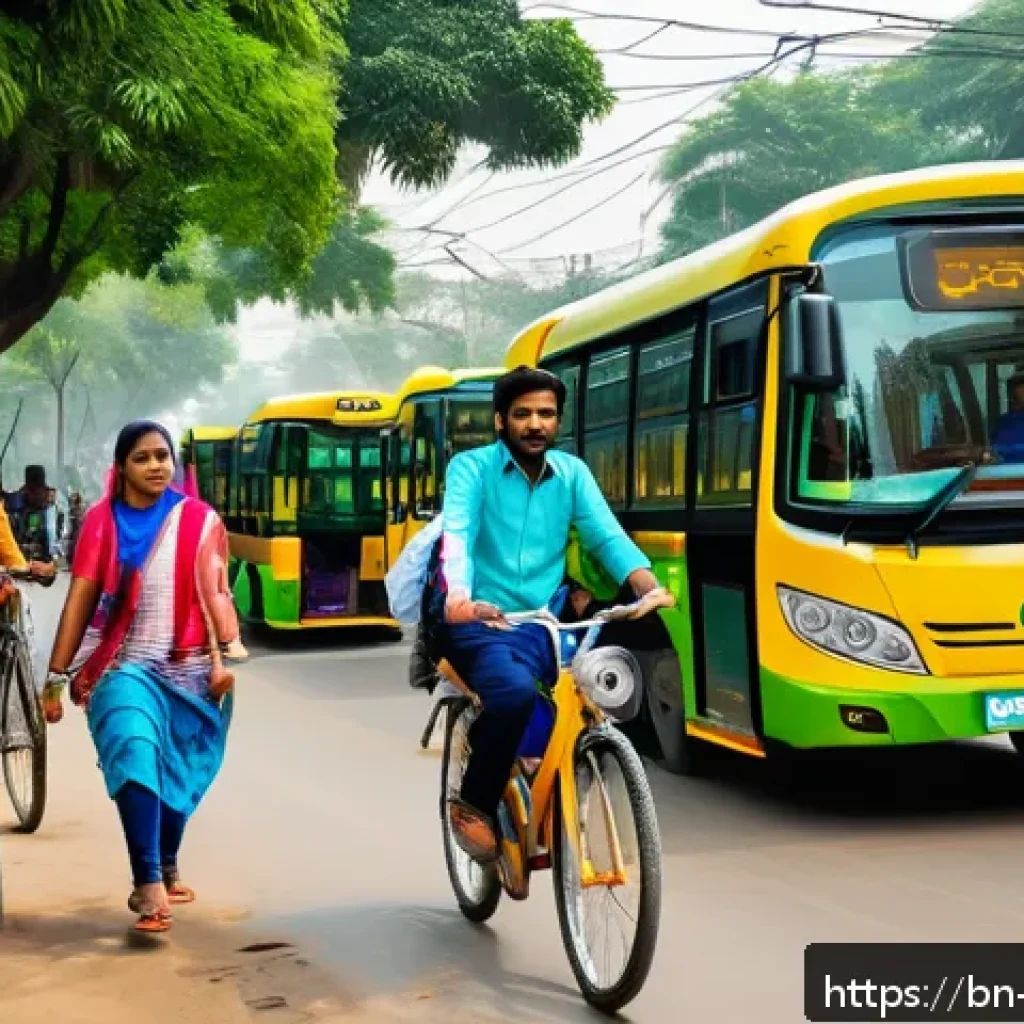 탄소예산 설계의 사회적 영향 평가 - A vibrant urban scene in a Bengali city showing diverse people using electric buses and bicycle-shar...