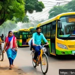 탄소예산 설계의 사회적 영향 평가 - A vibrant urban scene in a Bengali city showing diverse people using electric buses and bicycle-shar...