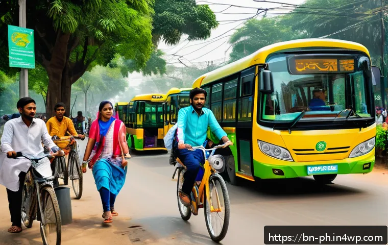 탄소예산 설계의 사회적 영향 평가 - A vibrant urban scene in a Bengali city showing diverse people using electric buses and bicycle-shar...
