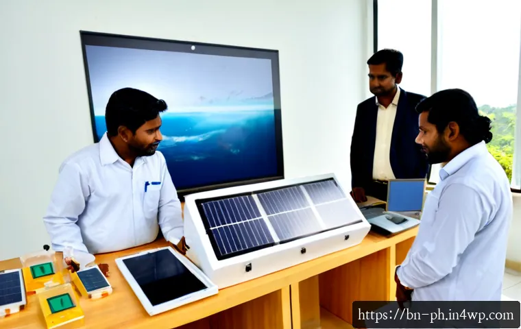 탄소예산과 기술 혁신의 연계성 - Photorealistic clean-energy research lab in Bangladesh, a diverse team of engineers reviewing a glow...