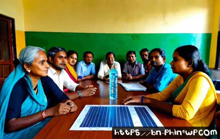 탄소예산을 위한 기후 행동 계획 수립 - Photorealistic community climate action planning meeting in a bright Bangladesh municipal office, di...